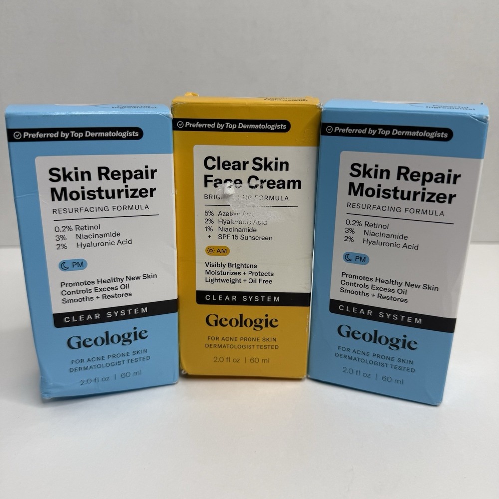 Geologie Skin Repair Moisturizer + Clear Skin Face Cream Trio 2oz Each NEW